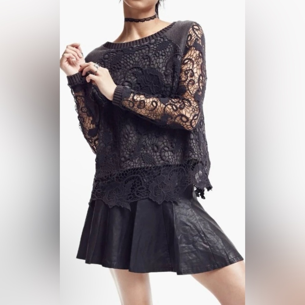Free People Charcoal and Black Pretty Rad Lace Split Back Blouse - Size XS